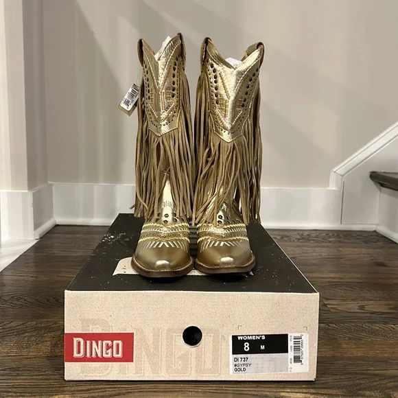 Dingo Gypsy Metallic Leather Fringed Embroidered Studded Western Boots - Picture 1 of 6